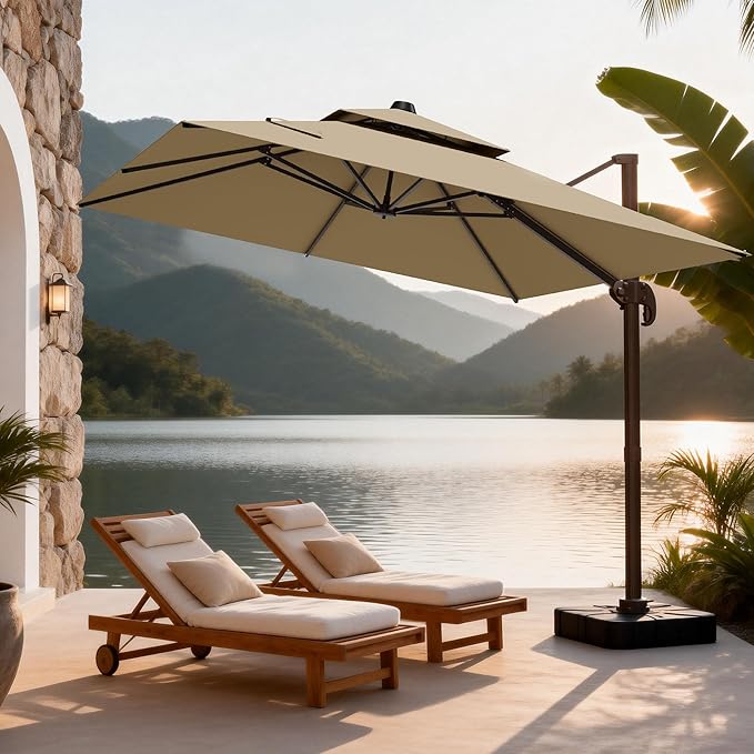 10x10Ft Patio Umbrella Outdoor Cantilever Rectangle Umbrella, 6-Level Tilt & 360° Rotation Offset Umbrella for Garden, Deck, Pool(Beige)