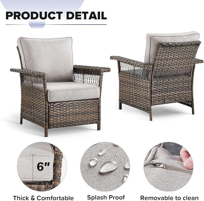 Outdoor Wicker Patio Furniture Set - 6 Piece Rattan Patio Conversation Sets with 2 Armrest Chairs,2 Ottomans,1 Sofa and 1 Coffee Table for Porch Deck Garden(Brown/Beige)
