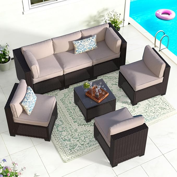 7 Piece Patio Furniture Set, Wicker Patio Conversation Sets, Outdoor Sectional Furniture with Tempered Glass Table, for Backyard, Deck, Garden, Dark Brown Rattan & Khaki Cushions