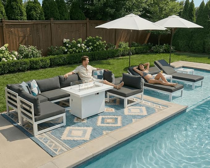NICESOUL 11 Piece Modern Aluminum Outdoor Patio Furniture Set with Lounger & Fire Pit Table, Large All-Weather Modular Sectional Couch, 29" Wide Deep Seating Conversation Sofa for Poolside, Dark Gray