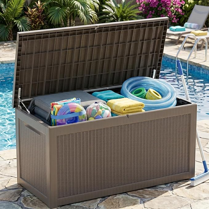 319 Gallon Extra Large Outdoor Storage Box, Waterproof Deck Box with Lockable Lid, Resin Outside Storage Box for Patio Furniture, Pool Accessories,Garden Tools, Storage Bench for Backyard, Gray Coffee