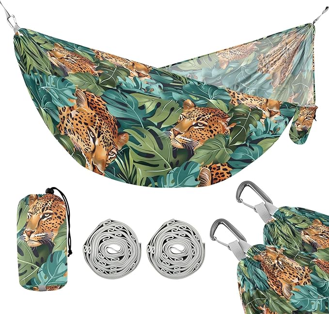 Camping Hammock Outdoor Hammocks for Outside Leopard Tropical Leaves Beach Trees Portable Lightweight with Pockets Tree Straps Indoor Small