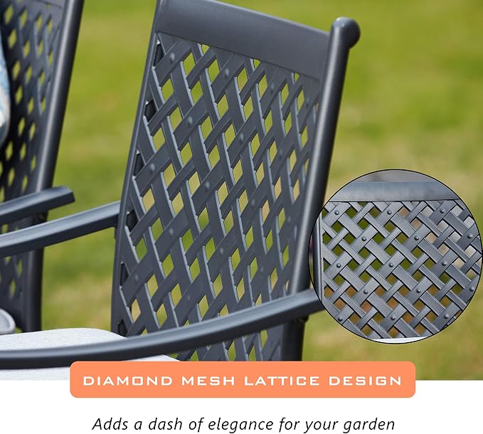 LOKATSE Home 5 Piece Outdoor Patio Metal Dining 4 Iron Arm Chairs with Seat Cushions and 1 Table with Umbrella Hole, Grey-Set