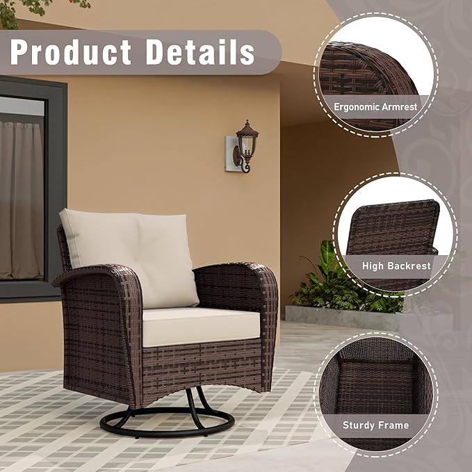 3 Piec Patio Bistro Set with 2 Rocking Chairs & Table, 360° Swivel PE Wicker Outdoor Furniture, Heavy-Duty Steel Frame,Weatherproof Cushions, Beige