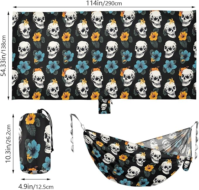 Camping Hammock Outdoor Hammocks for Outside Skull Hibiscus Flower Beach Trees Portable Lightweight with Pockets Tree Straps Indoor