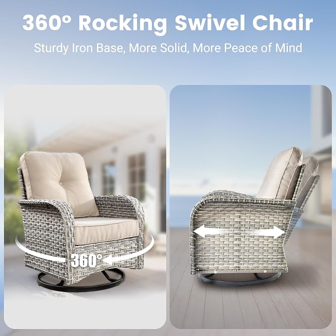 Outdoor Swivel Rocker Patio Chairs, Wicker Glider Swivel Rocking Chair Set of 2, All-Weather Rattan Bistro Set with Coffee Table for Deck Porch Balcony Poolside, Begie