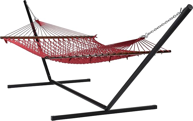 Rope Hammock and Tri Beam Stand (Red Hammock and Black Stand)