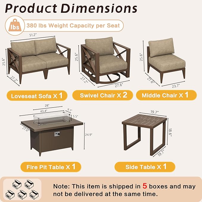 Aluminum Patio Furniture Set with Oversized Fire Pit Table, 7-Piece All-Weather Outdoor Conversation Set with Swivel Rocking Chairs, Oversized Modern Sofa for Backyard, Deck, Balcony-Brown