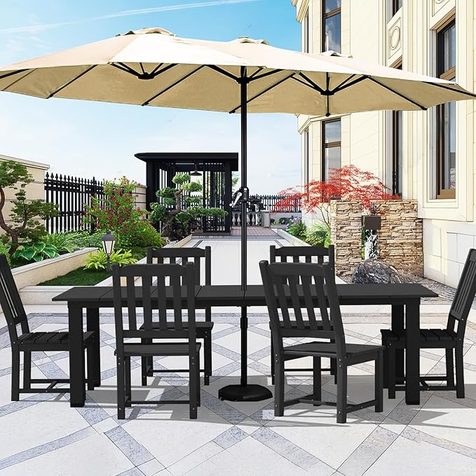 LOUNZY 7 Pieces Patio Dining Sets, Outdoor HDPE Furniture Set for 6 w/ 2" Hole Cut-Out Dining Table with 6 Armless Patio Chairs for Pool, Lawn and Garden,Black