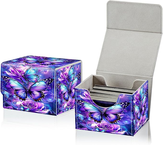 Card Deck Box for MTG, Cards Storage Box Fits 120+ Sleeved, Leather Small Size Strong Magnetic Closing Card Case for Board Games Magic TCG CCG Baseball Collection, Purple Butterfly Flower