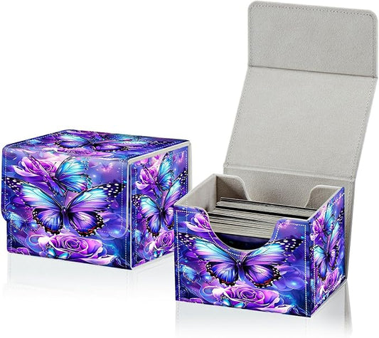 Card Deck Box for MTG, Cards Storage Box Fits 120+ Sleeved, Leather Small Size Strong Magnetic Closing Card Case for Board Games Magic TCG CCG Baseball Collection, Purple Butterfly Flower