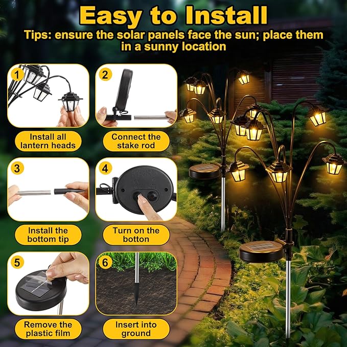 4 Pack Solar Hexagon Lights Outdoor Garden, 6 Head Solar Swaying Pathway Stake Lights with 8 Modes Changing Colors Waterproof for Yard Lawn Patio Landscape Decor