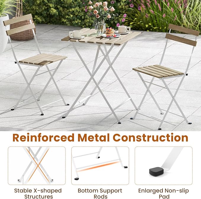 Tangkula 3 Pieces Patio Dining Set, Outdoor Square Table and Folding Chairs with Metal Frame, Space Saving Furniture Set for Yard Porch Deck Backyard (Grey)