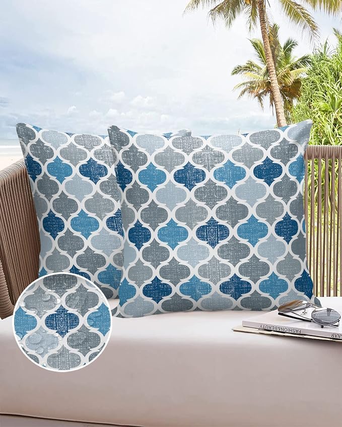 Morocco Outdoor Pillow Shams Set of 2, Decorative Pillowcases Cushion Case, Soft Throw Pillow Covers Waterproof Pillow Case 18x18 Inch, Blue Grey Geometry Retro