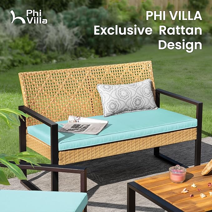 PHI VILLA Patio Wicker Furniture Set for 4, Yellow Rattan Loveseat & Chairs with Cyan Cushions & Acacia Wood Coffee Table, Outdoor Modern Conversation Sofa Set for Deck, Yard, Porch