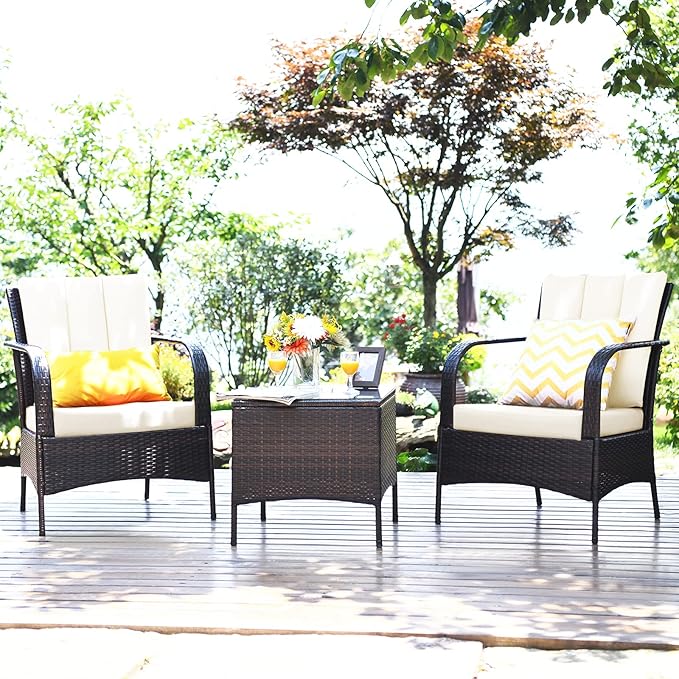 Tangkula 3 Piece Patio Furniture Set, 2 Wicker Chairs with Glass Top Coffee Table, Outdoor Garden Porch Poolside Furniture Set for 2, Rattan Conversation Set (Cream)