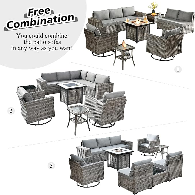 HOOOWOOO Outdoor Patio Sectional Furniture Sofa Set with Fire Pit Table,10 Piece Modern Wicker Couch with Swivel Chairs,Modular Conversation Seating Set with Widened Armrest for Garden(Dark Grey)