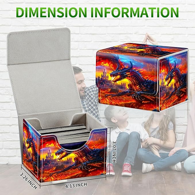 Card Deck Box for MTG, Cards Storage Box Fits 120+ Sleeved, Leather Small Size Strong Magnetic Closing Card Case for Board Games Magic TCG CCG Baseball Collection, Castle Flaming Dragon