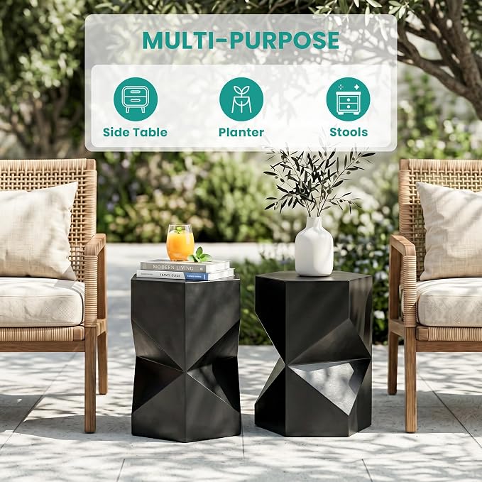 SUNBURY Outdoor Side Table, 18" Hexagon End Table Gloss Finish w Geometric Pedestal, Patio Concrete Accent Table Modular Design Decor, Lightweight Garden Stools for Balcony, Porch, Living Room, Black