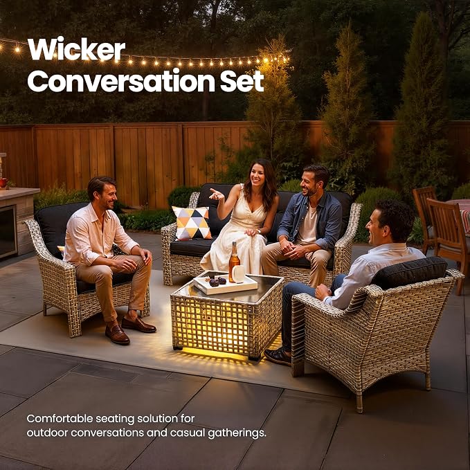4 PCS Patio Conversation Set, All-Weather High Back Wicker Outdoor Patio Furniture Sets with Two Single Chairs, Solar Light Coffee Table,Outside Furniture for Porch Backyard Balcony,Black