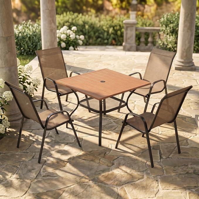 VICLLAX Patio Dining Set for 4, All Weather 5-Piece Patio Set-37.8" Square Outdoor Table and 4 Stackable Chairs for Lawn Garden and Backyard,Walnut Tabletop