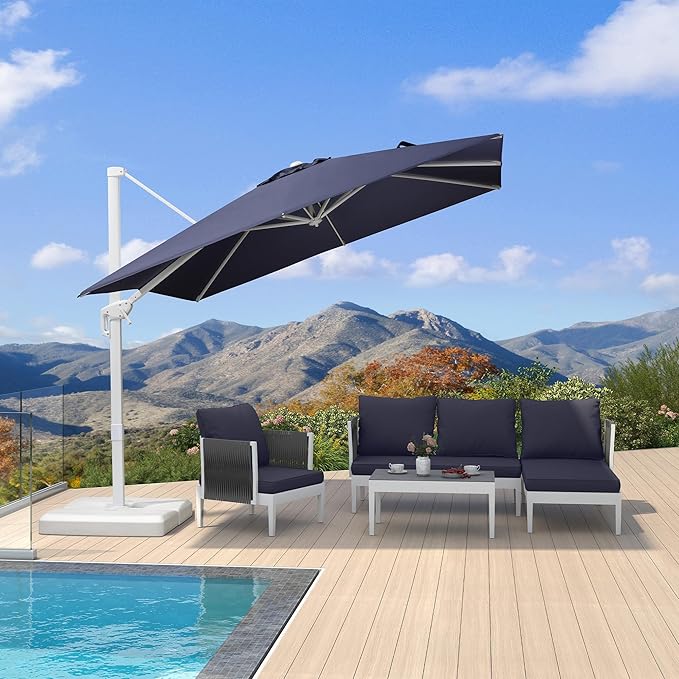 PURPLE LEAF 9 FT White Patio Umbrella Cantilever Umbrella Aluminum Square Outdoor Offset Umbrella Hanging Windproof with 360° Rotation for Garden Deck Pool, Navy Blue