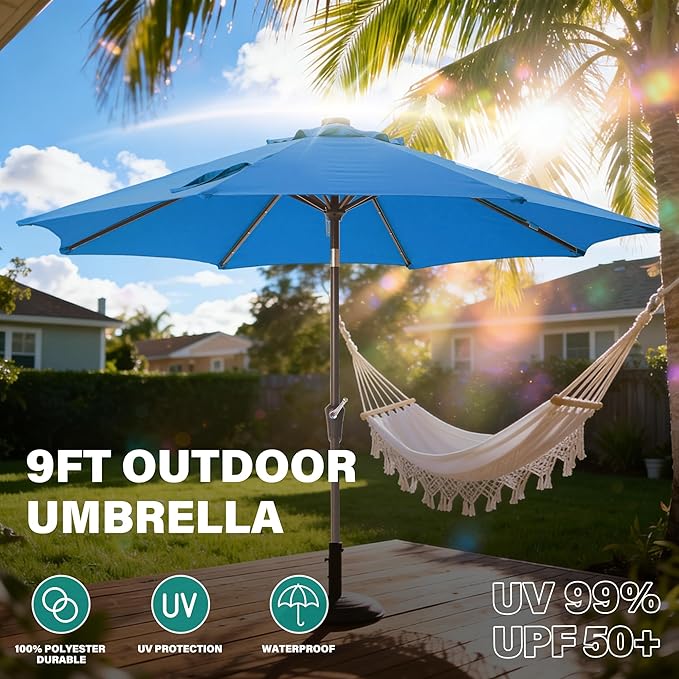 9FT Solar-Powered LED Patio Umbrella with Tilt Crank,Outdoor Market Umbrella with 32 Lights,Sunshade for Deck, Garden and Pool