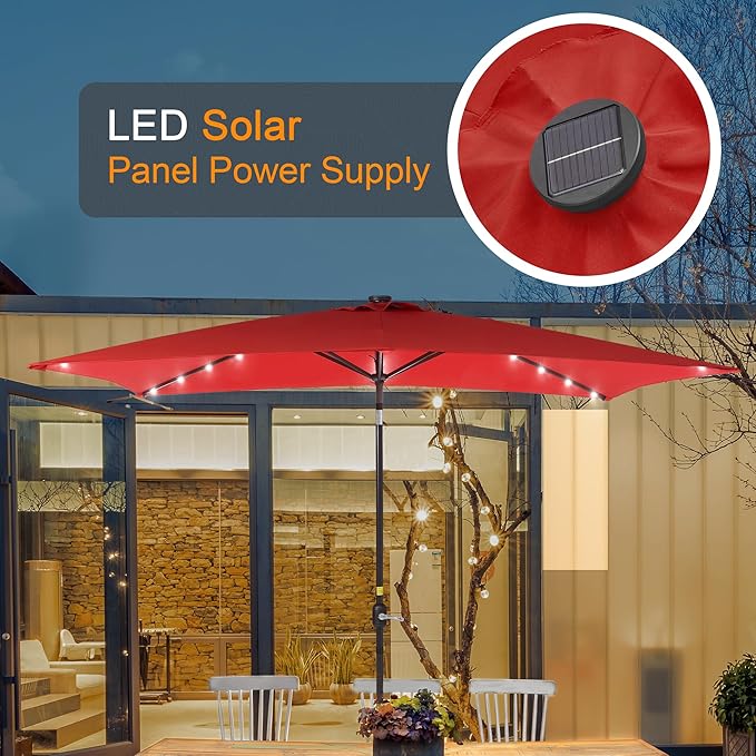 Rectangle Patio Umbrella with Solar Lights, 10 x 6.5ft Rectangular Outdoor Umbrella Table Market Patio Umbrella with Push Button Tilt and Crank for Garden, Deck, Backyard, Pool