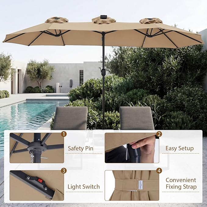 Tangkula 13 Ft Solar Patio Umbrella, Double-Sided Extra Large Outdoor Market Table Umbrella with 36 LED Lights, Crank Handle, 12 Sturdy Ribs for Poolside, Garden & Backyard (Tan)