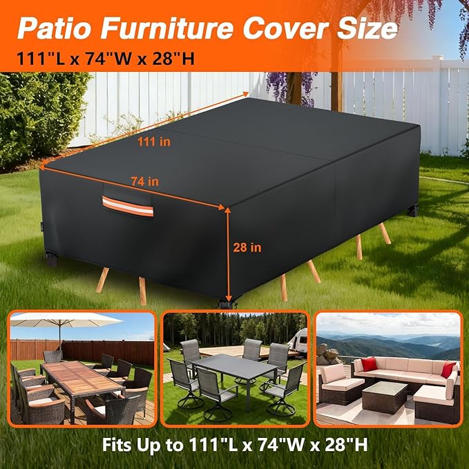 EVRBUL Patio Furniture Cover Waterproof Rectangle,111"L x 74"W x 28"H Heavy Duty 420D Outdoor Dining Table and Chair Covers,Windproof Anti-UV Outdoor Furniture Set Covers Outdoor Table Cover,Black