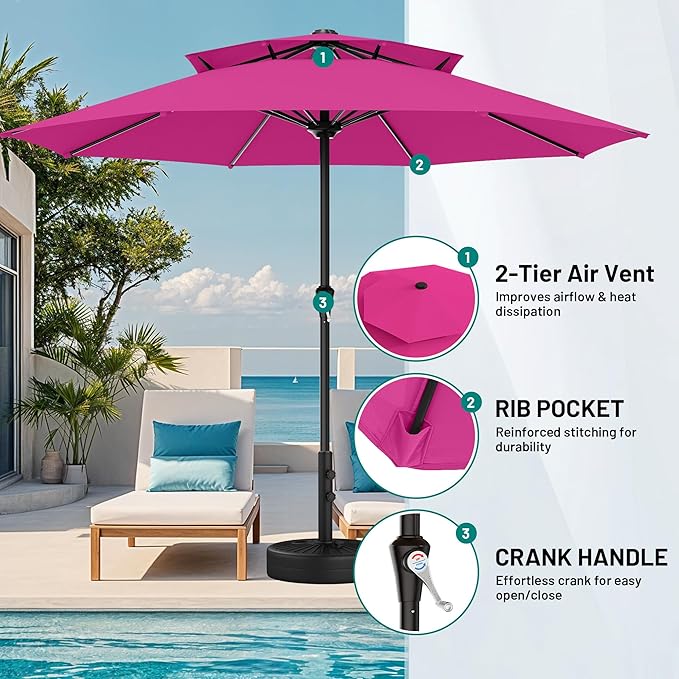 AreShark 11ft 2 Tiers Patio Umbrella - Outdoor Umbrella Waterproof UV Protection, Market Table Umbrella w/ 8 Sturdy Ribs&Crank for Pool, Porch, Garden(Rose Pink)