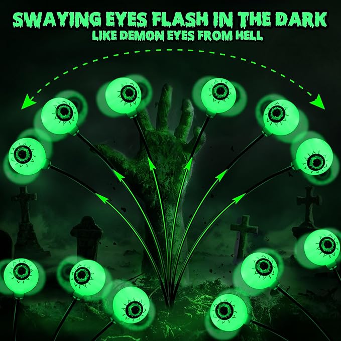 Brizled Green Halloween Lights, 4 Pack 24 LED Halloween Solar Eyeball Lights, 2 Modes Solar Pathway Light Outdoor Waterproof Scary Swaying Green Eyeball Lighting for Garden Path Yard Lawn Patio Decor