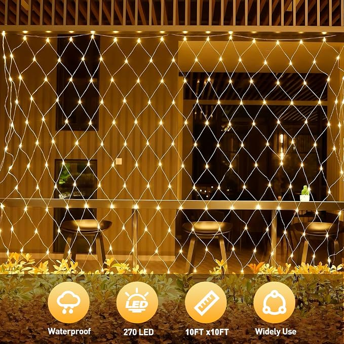 Net Lights Outdoor 10x10 FT, 8 Modes Connectable Mesh Lights with Plug- Connect 3 Sets, 30×10 FT Coverage, 270 LED Christmas Warm White for Trees, Bushes, Garden, Yard Decorations
