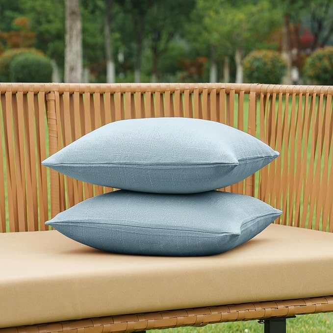 NiNi ALL Waterproof Outdoor Pillow Covers 24x24 Set of 2 Patio Light Blue | Faux Linen Textured Decorative Solid Throw Pillow Covers Farmhouse for Garden Furniture Tent Balcony Couch Sofa Cushion