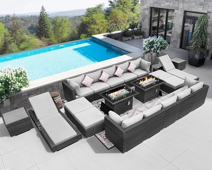 NICESOUL 20 Piece Extra Large Patio Furniture Set w/Fire Pit Table & Chaise Lounge, Modern Luxury Outdoor Group Seating w/Firepit, Comfortable 29.3" High-Back Sectional Couch Deep Seat, Light Gray