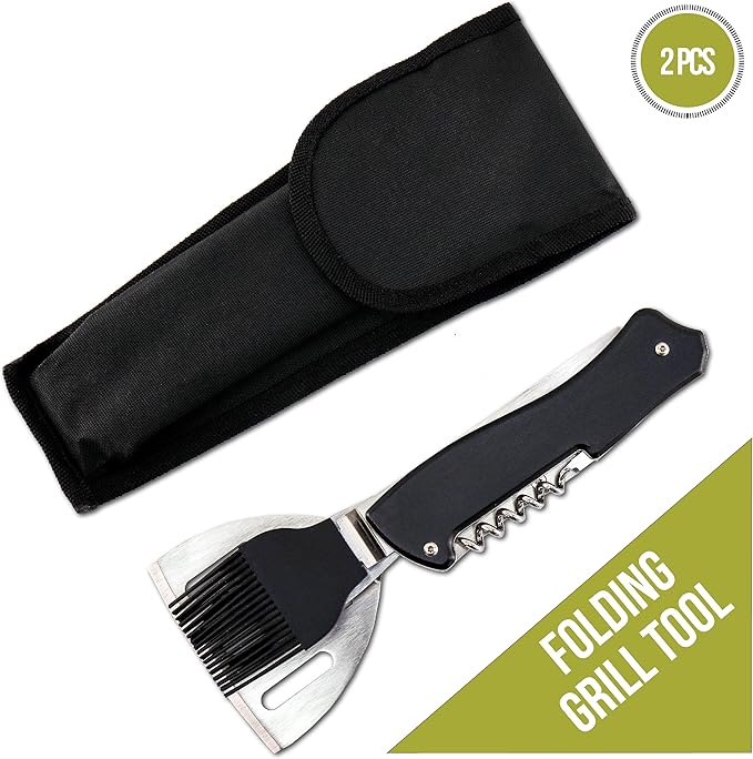 Iconikal 4-in-1 Folding Collapsible Swiss Camping Grilling Tool, Turner, Brush, Fork, Corkscrew