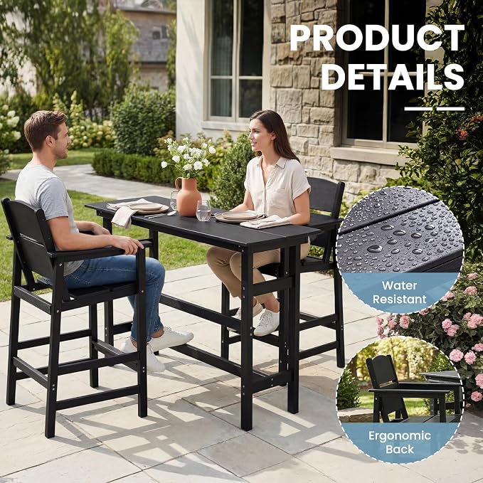 HDPE Outdoor Bar Height Chairs Set of 6, 28.5" Seat All-Weather High Top Patio Stools with Backrest, Heavy Duty Patio Bar Stools with Arms, High Top Outdoor Chairs for Deck/Party/Pool, Black