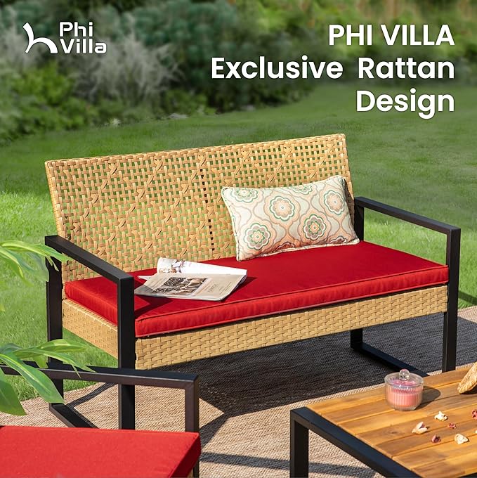 PHI VILLA Patio Wicker Furniture Set for 4, Yellow Rattan Loveseat & Chairs with Red Cushions & Acacia Wood Coffee Table, Outdoor Modern Conversation Sofa Set for Deck, Yard, Porch
