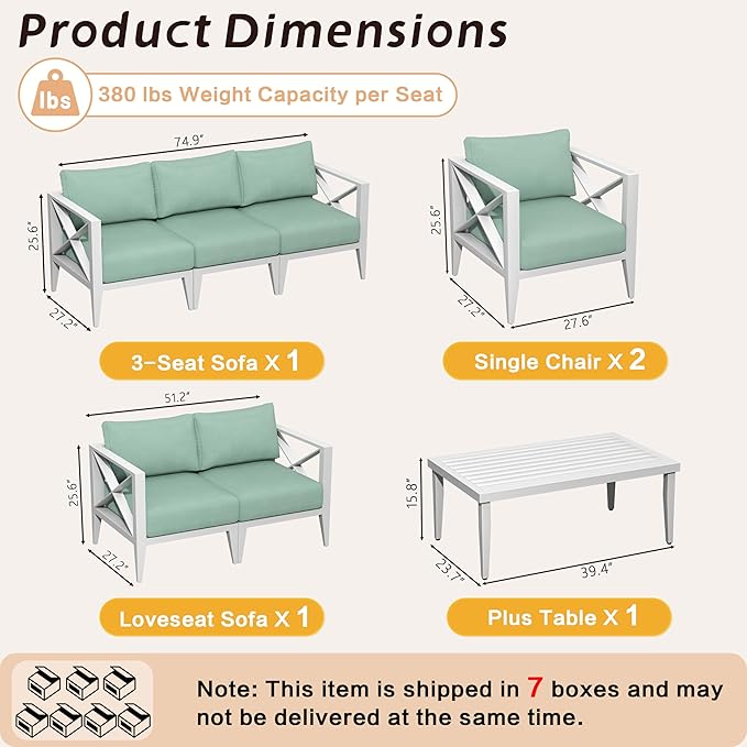 8-Piece Aluminum Patio Furniture Set, Oversized Outdoor Conversation Sofa Set with Coffee Table, White All-Weather Deep Seating, Rust-Proof Frame for Backyard, Deck, Porch, or Balcony