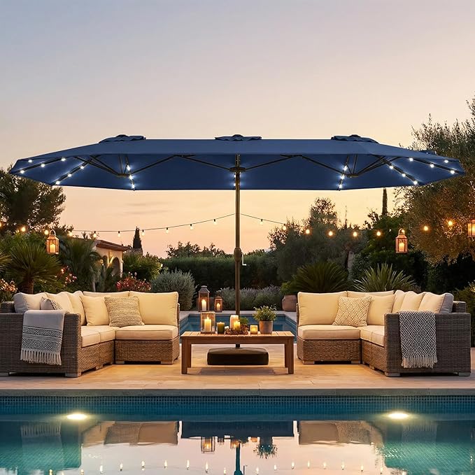 Tangkula 13FT Double-Sided Solar Patio Umbrella, Extra-Large Outdoor Twin Umbrella with 36 LED Lights, Vented Top, Crank Handle, 12 Ribs, Weighted Base Included for Backyard Poolside Deck (Navy)