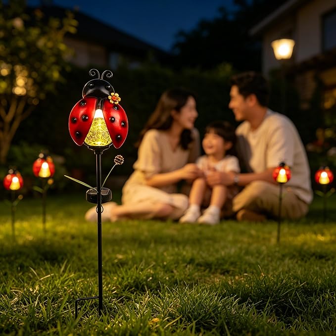 Solar Garden Ladybug Stakes Lights 2 Pack Outdoor Waterproof Metal Ladybug Decorations for Outside Yard Landscape Lawn Ornaments Lady Bug Garden Decor Unique Solar Light Decorative Gardening Gifts