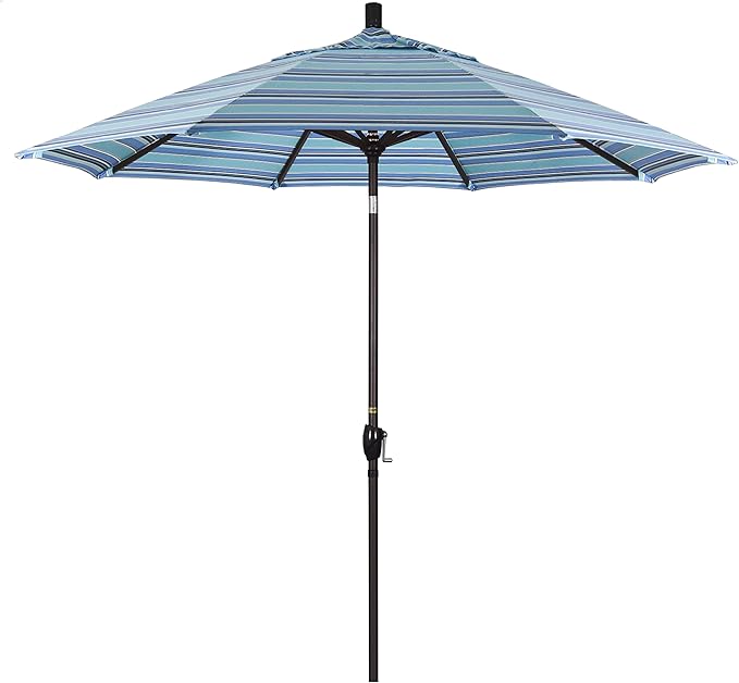 California Umbrella 9' Round Aluminum Market Umbrella, Crank Lift, Push Button Tilt, Bronze Pole