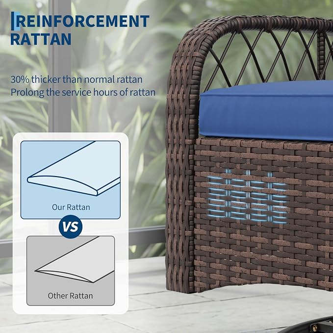 GarveeLife 3 Piece Swivel Wicker Patio Furniture Set, Outdoor Rattan Swivel Chairs with Side Table, All-Weather Conversation Set for Patio, Deck or Backyard, Brown Gradient Wicker with Blue Cushions