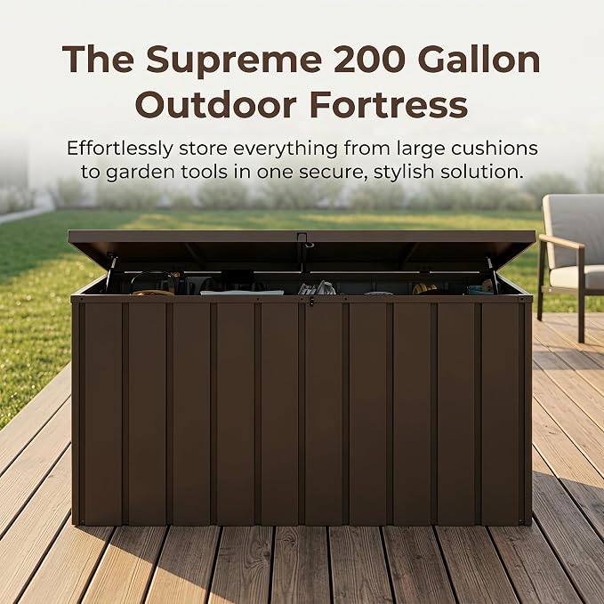 200 Gallon Outdoor Metal Storage Deck Box, Rolling Lockable Utility Bin, Waterproof UV Protected Large Storage Chest for Patio Garden Backyard Yard,Brown