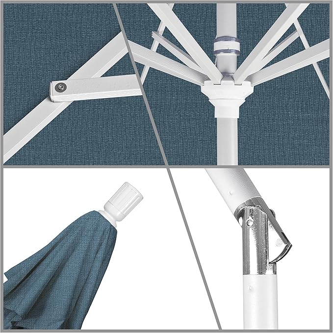 California Umbrella 9' Round Aluminum Market Umbrella, Crank Lift, Collar Tilt, White Pole, Pacifica Pacific Blue