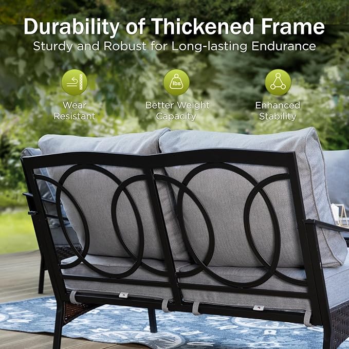PHI VILLA Patio Furniture Set, Extra Large Wicker & Metal Outdoor Conversation Set Patio Sectional Sofa Set with Rocking Chair & Waterproof Thick Cushions for Porch, Poolside, Deck(7 Pieces, Grey)
