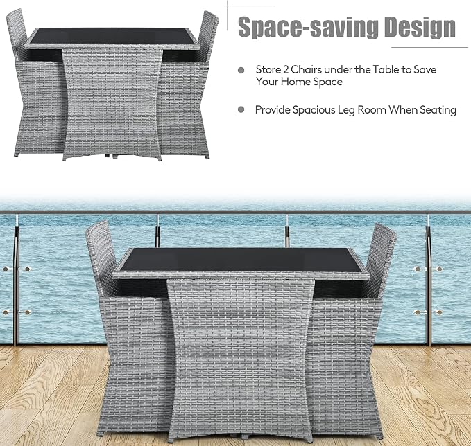 RELAX4LIFE 3-Piece Outdoor Furniture Set - All-Weather Wicker Rattan Patio Dining Set w/Tempered Glass Coffee Table & Cushions, Modern Bistro Conversation Set for Yard Balcony (White)