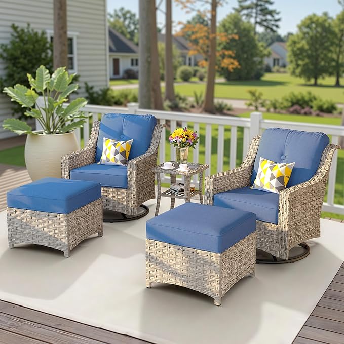 HOOOWOOO Patio Furniture Set,5 Pieces Wicker Outdoor Furniture,High Back Conversation Set with All Weather Resistant Swivel Chairs with Ottoman Side Table,Denim Blue