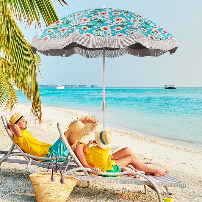 6.5 FT Outdoor Fringe Umbrella, UV 50+ Protection Boho Umbrella with Sand Anchor, Tilt Sun Shelter& 8 Ribs, Portable Beach Umbrella with Carry Bag, Vintage Patio Umbrella for Deck Poolside