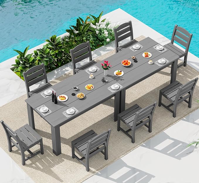 SERWALL 59" Outdoor Dining Set for 8, HDPE Dining Set, Gray | Include 2 Rectangular Tables and 8 armless Chairs, All Weather Dining Sets for Garden, Backyard